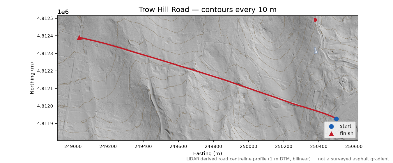 Trow Hill Road LiDAR hillshade map with contours