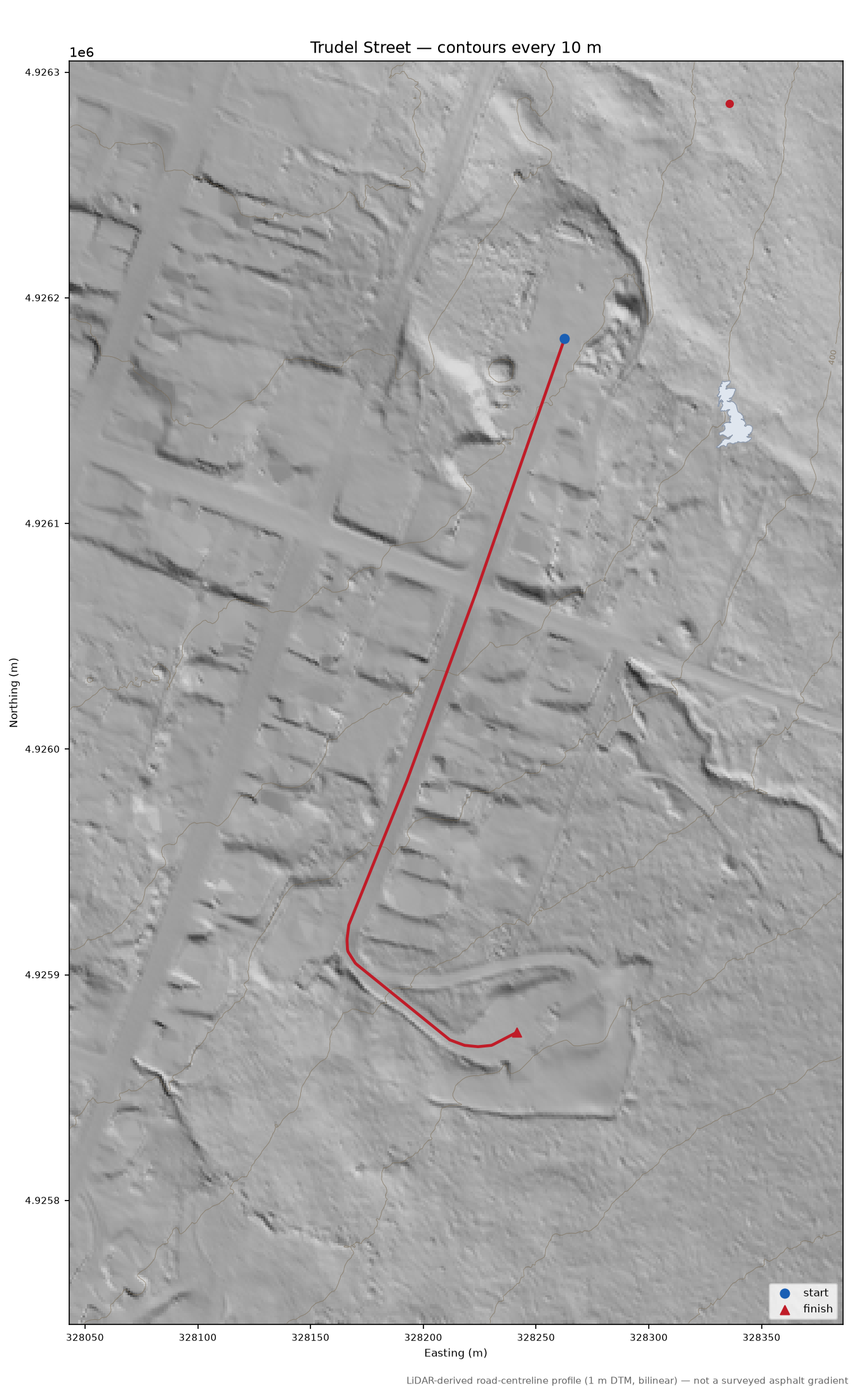 Trudel Street LiDAR hillshade map with contours