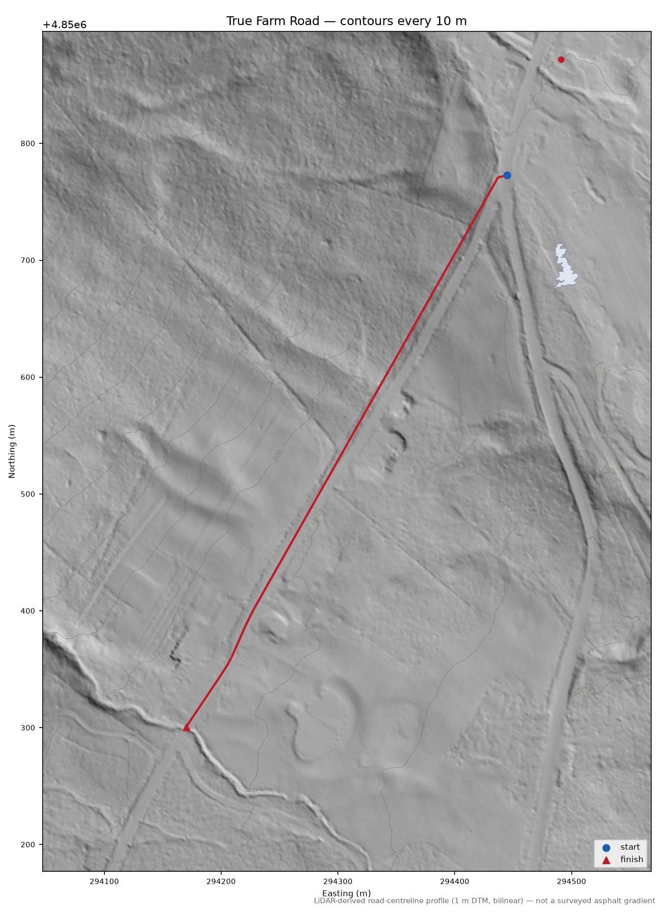 True Farm Road LiDAR hillshade map with contours