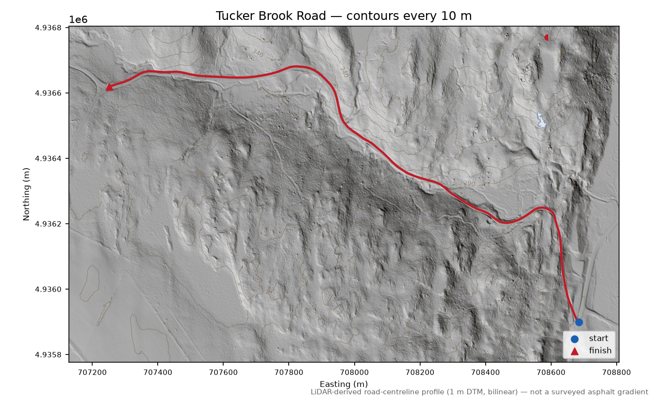 Tucker Brook Road LiDAR hillshade map with contours