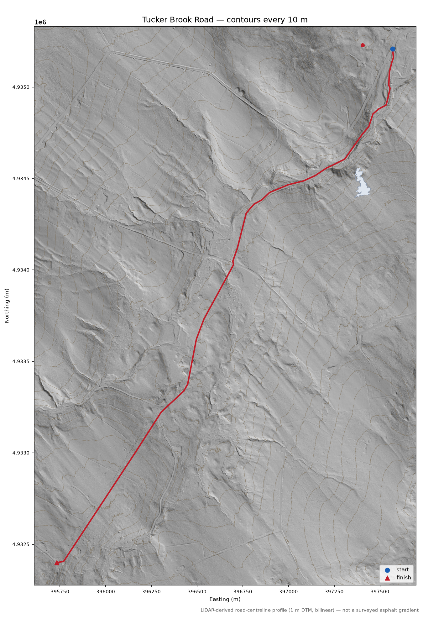 Tucker Brook Road LiDAR hillshade map with contours