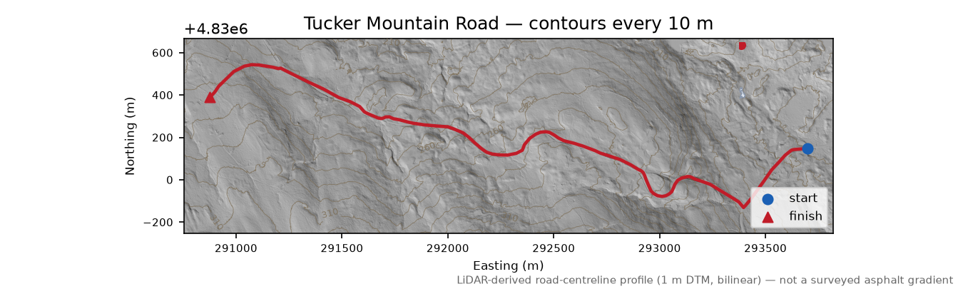 Tucker Mountain Road LiDAR hillshade map with contours