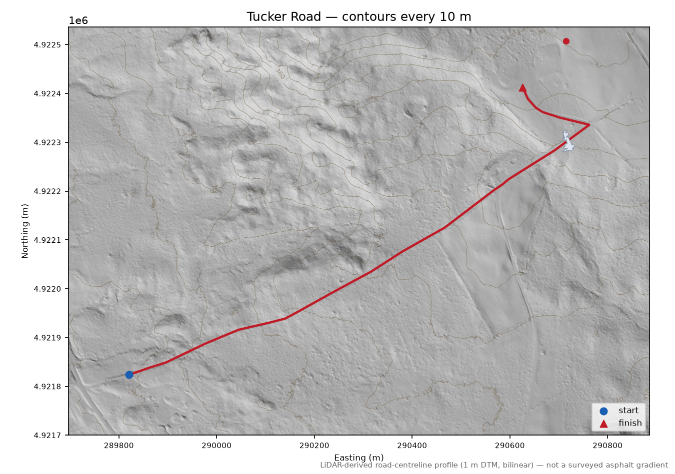 Tucker Road LiDAR hillshade map with contours