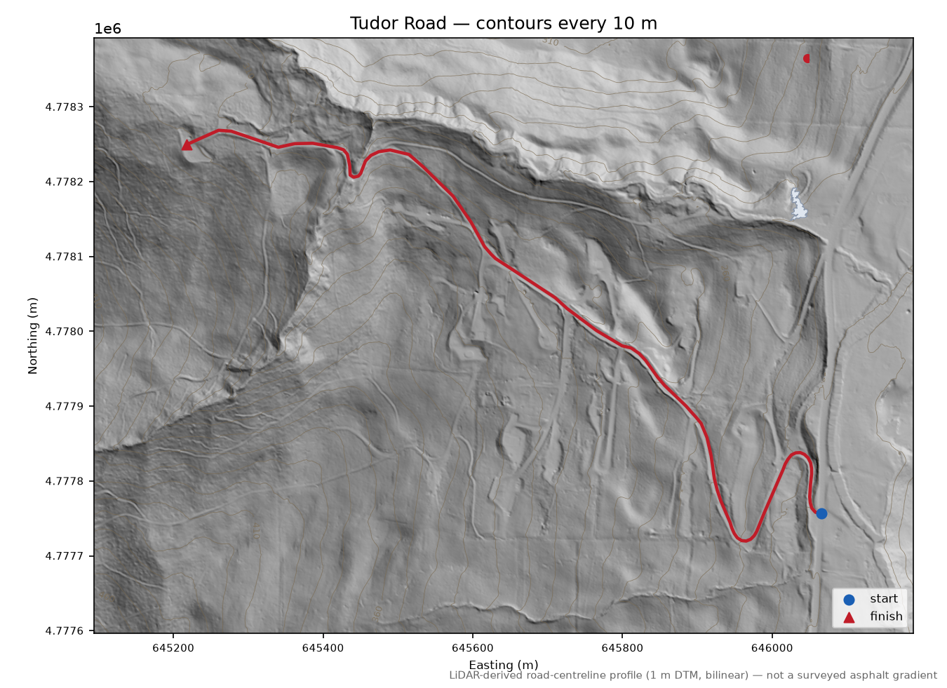 Tudor Road LiDAR hillshade map with contours