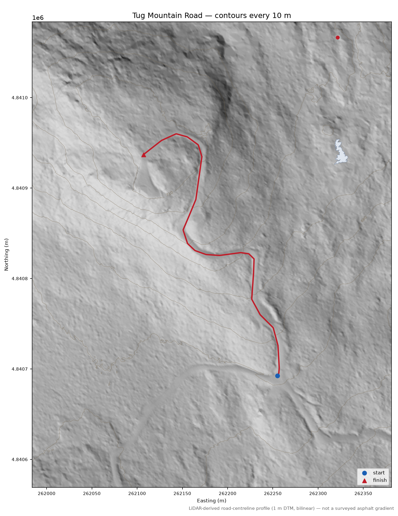Tug Mountain Road LiDAR hillshade map with contours
