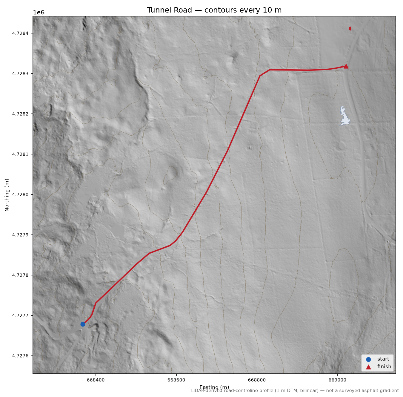 Tunnel Road LiDAR hillshade map with contours