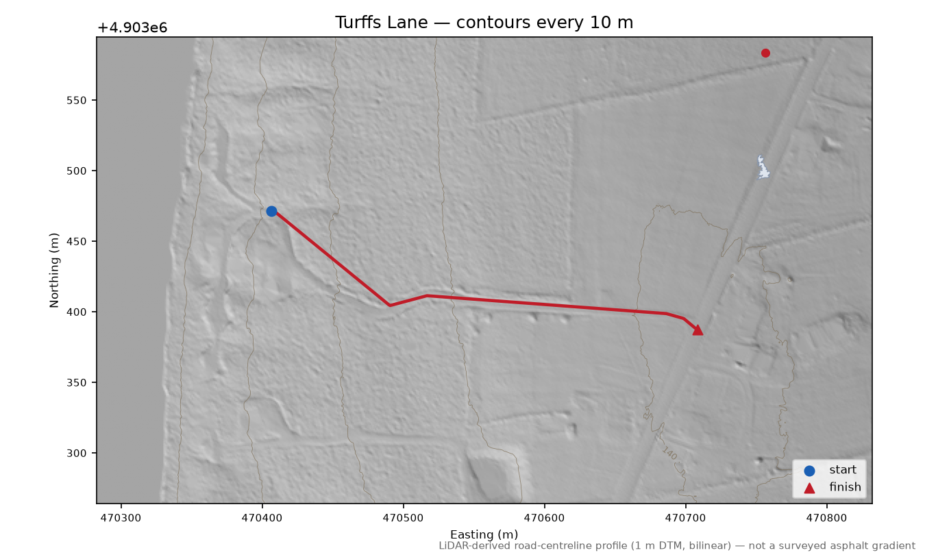 Turffs Lane LiDAR hillshade map with contours