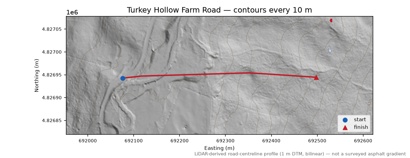 Turkey Hollow Farm Road LiDAR hillshade map with contours