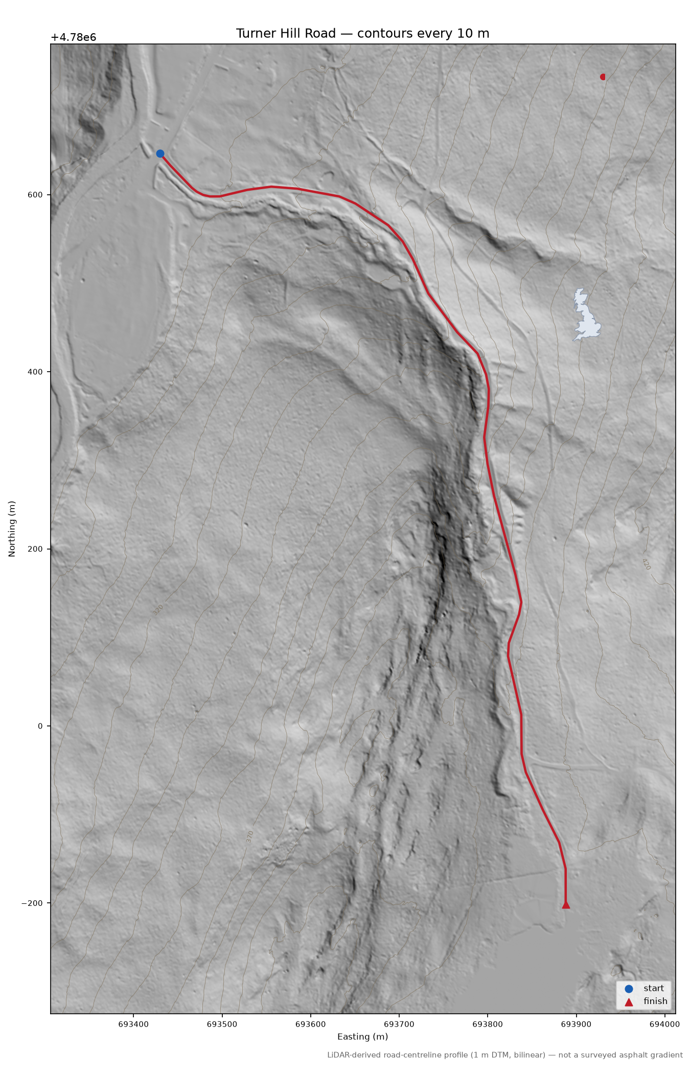 Turner Hill Road LiDAR hillshade map with contours