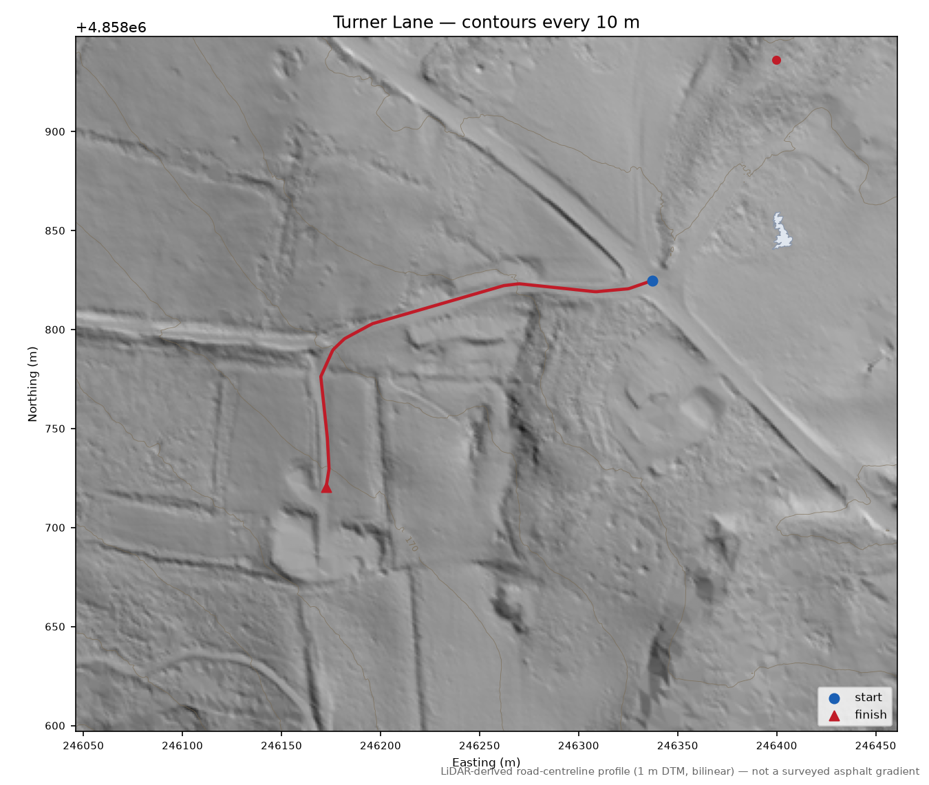 Turner Lane LiDAR hillshade map with contours
