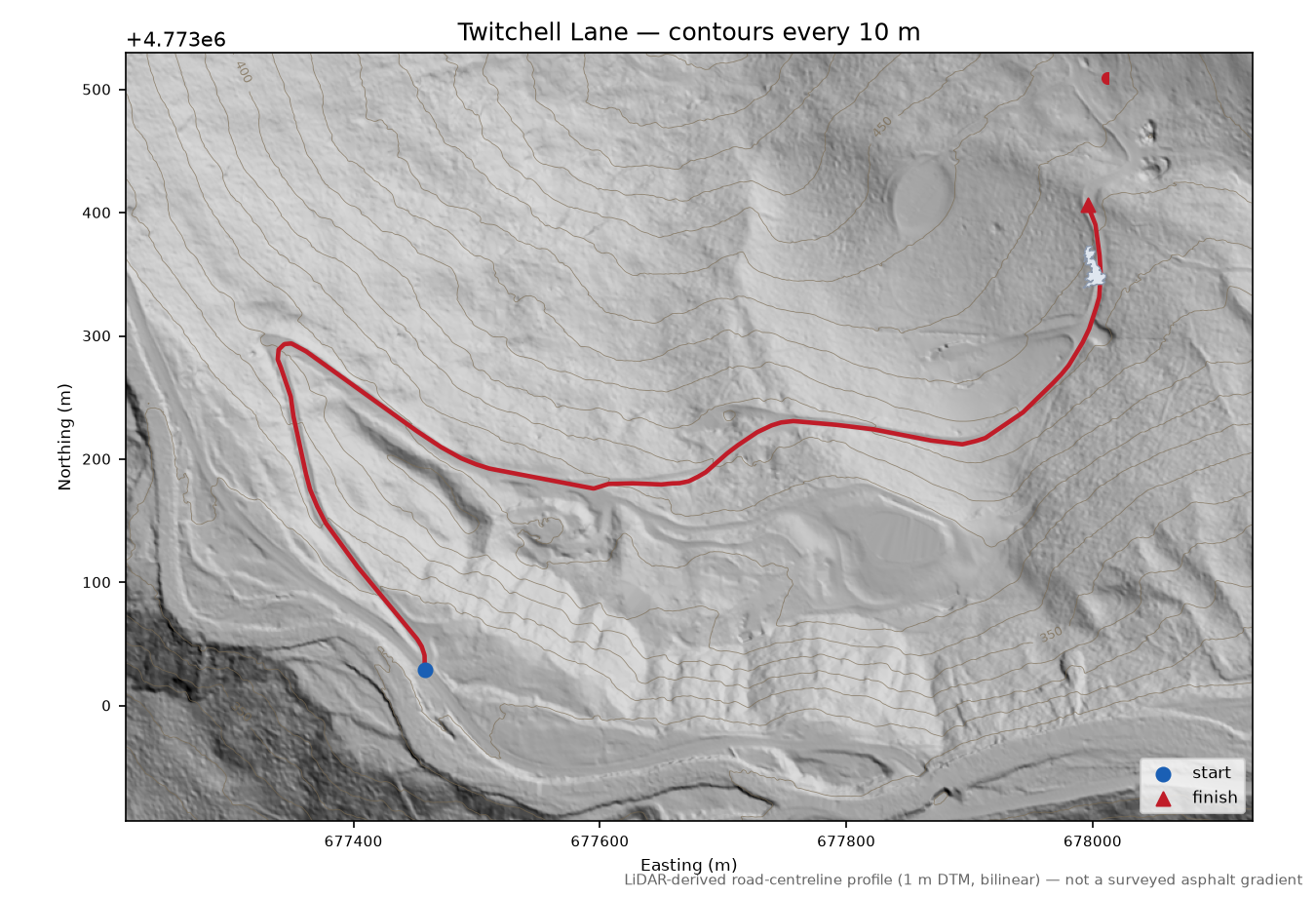 Twitchell Lane LiDAR hillshade map with contours