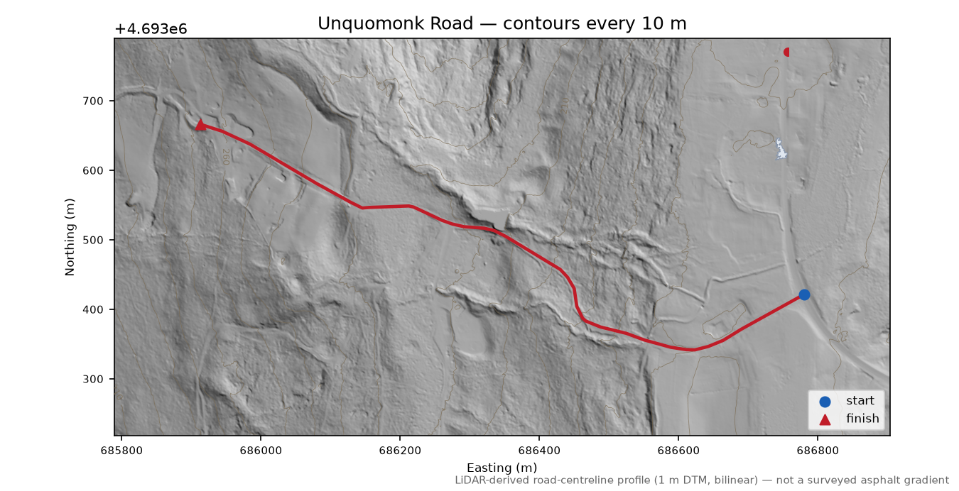 Unquomonk Road LiDAR hillshade map with contours