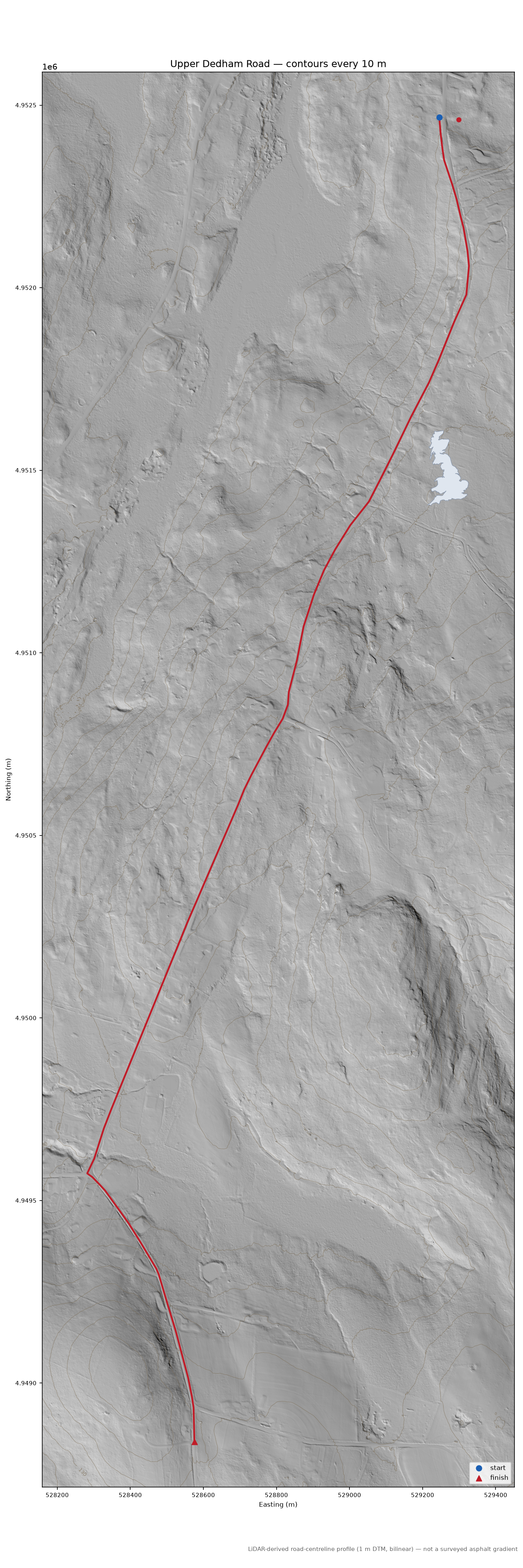 Upper Dedham Road LiDAR hillshade map with contours