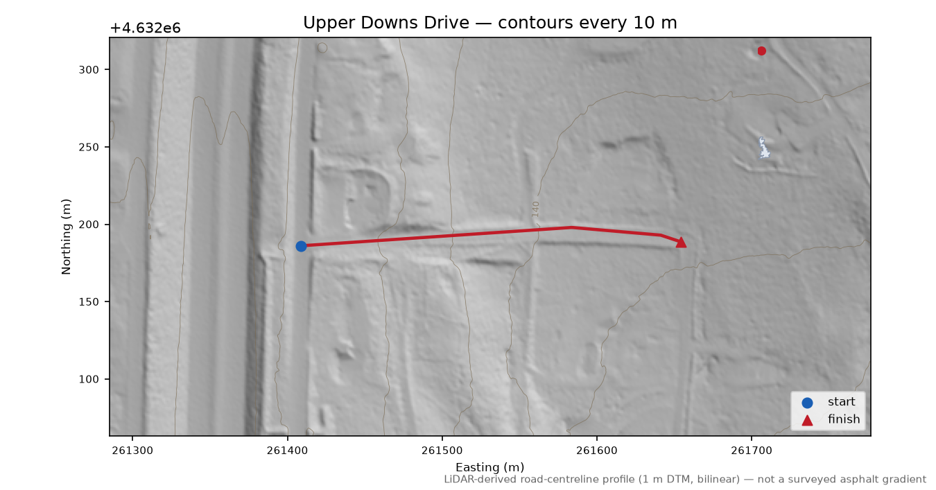 Upper Downs Drive LiDAR hillshade map with contours