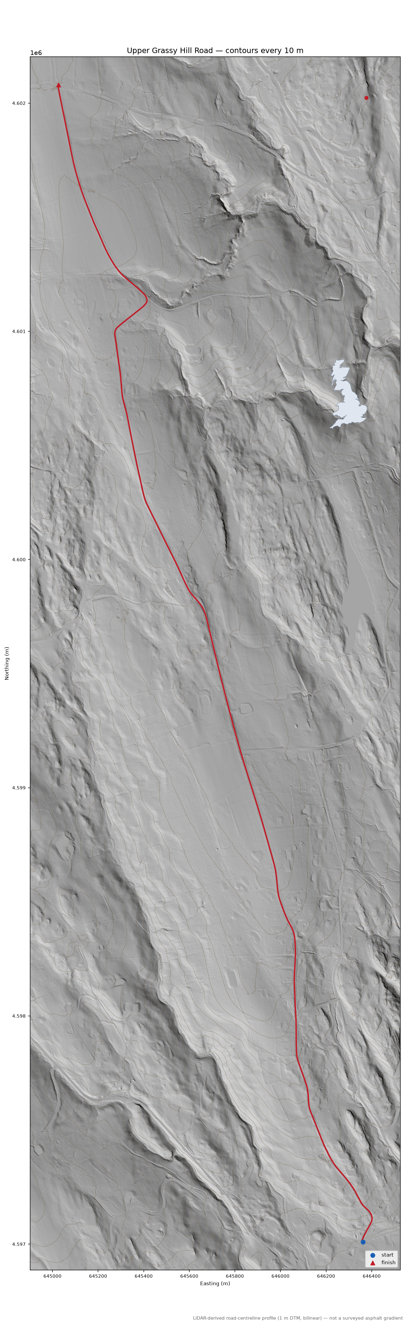 Upper Grassy Hill Road LiDAR hillshade map with contours