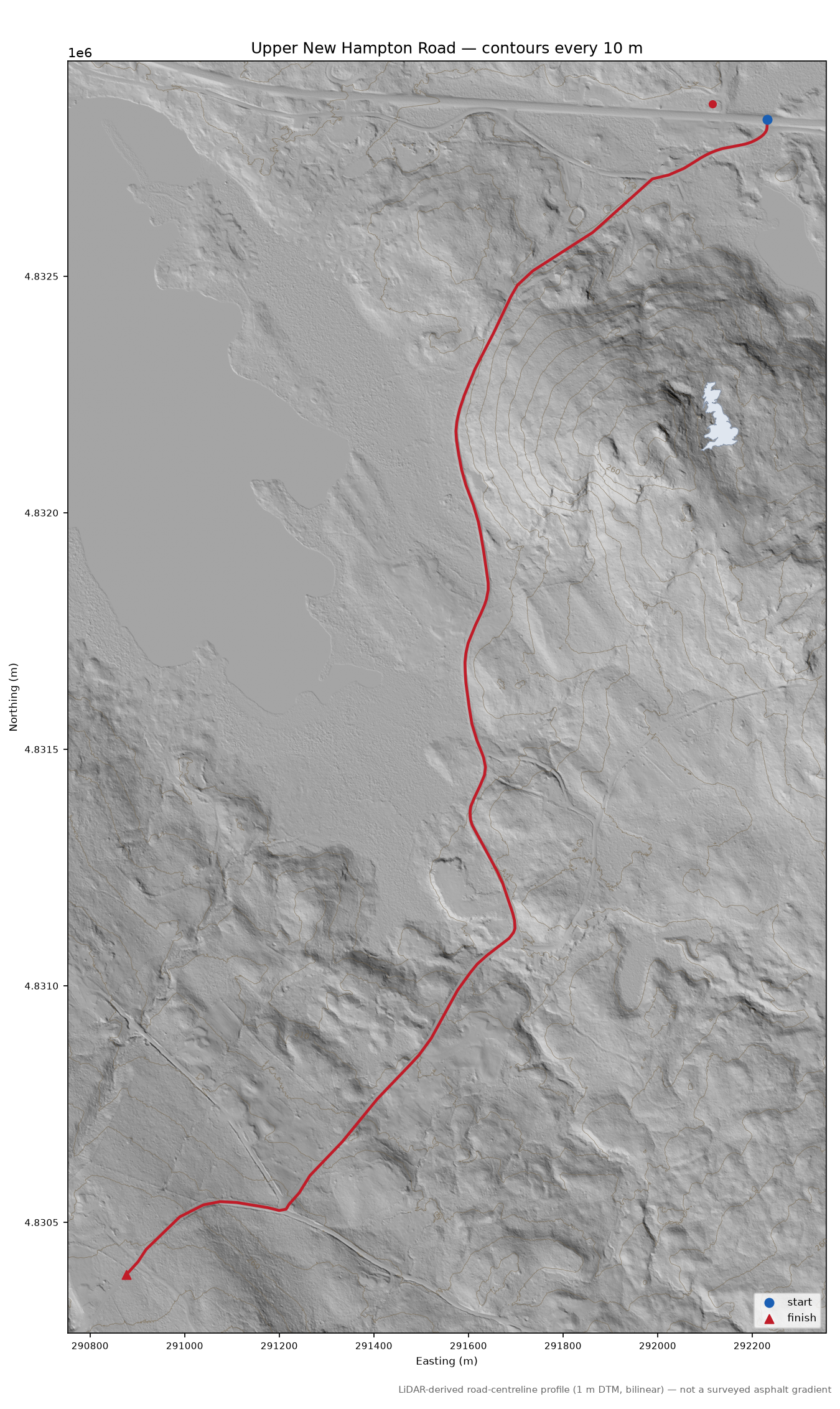 Upper New Hampton Road LiDAR hillshade map with contours