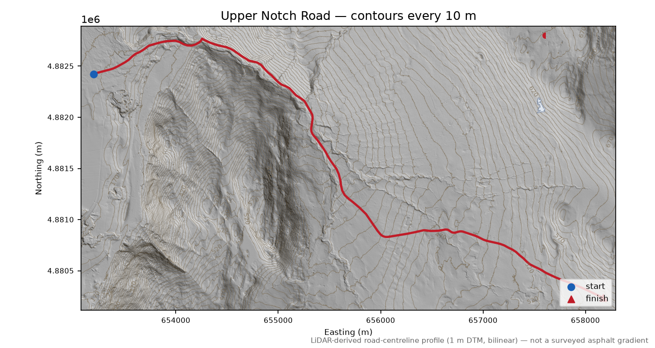 Upper Notch Road LiDAR hillshade map with contours