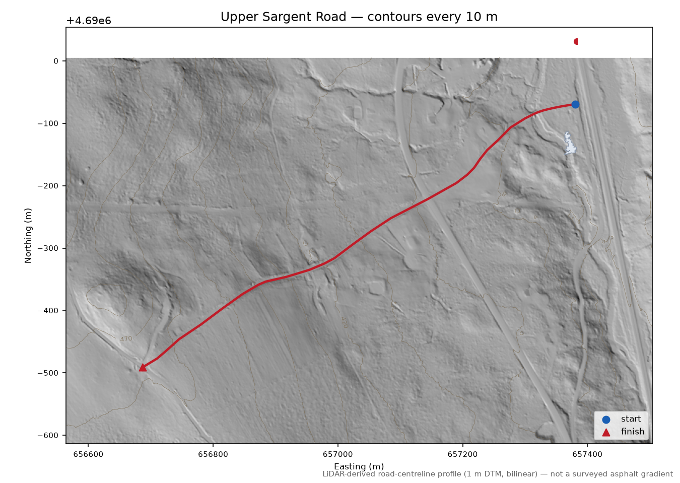 Upper Sargent Road LiDAR hillshade map with contours