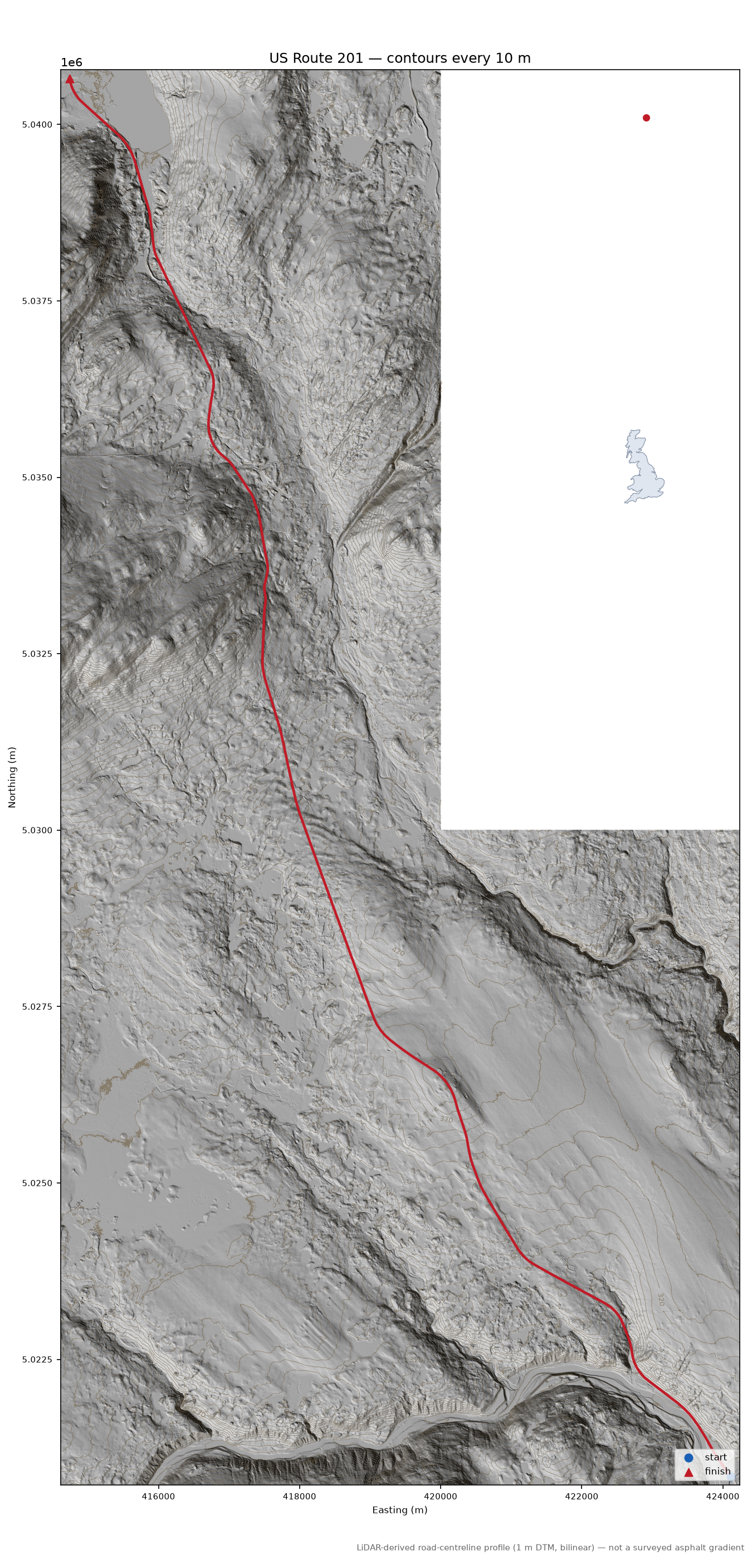US Route 201 LiDAR hillshade map with contours