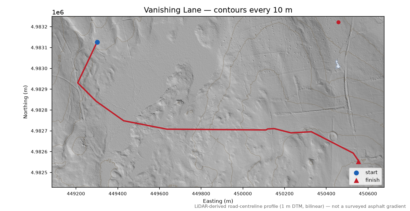 Vanishing Lane LiDAR hillshade map with contours