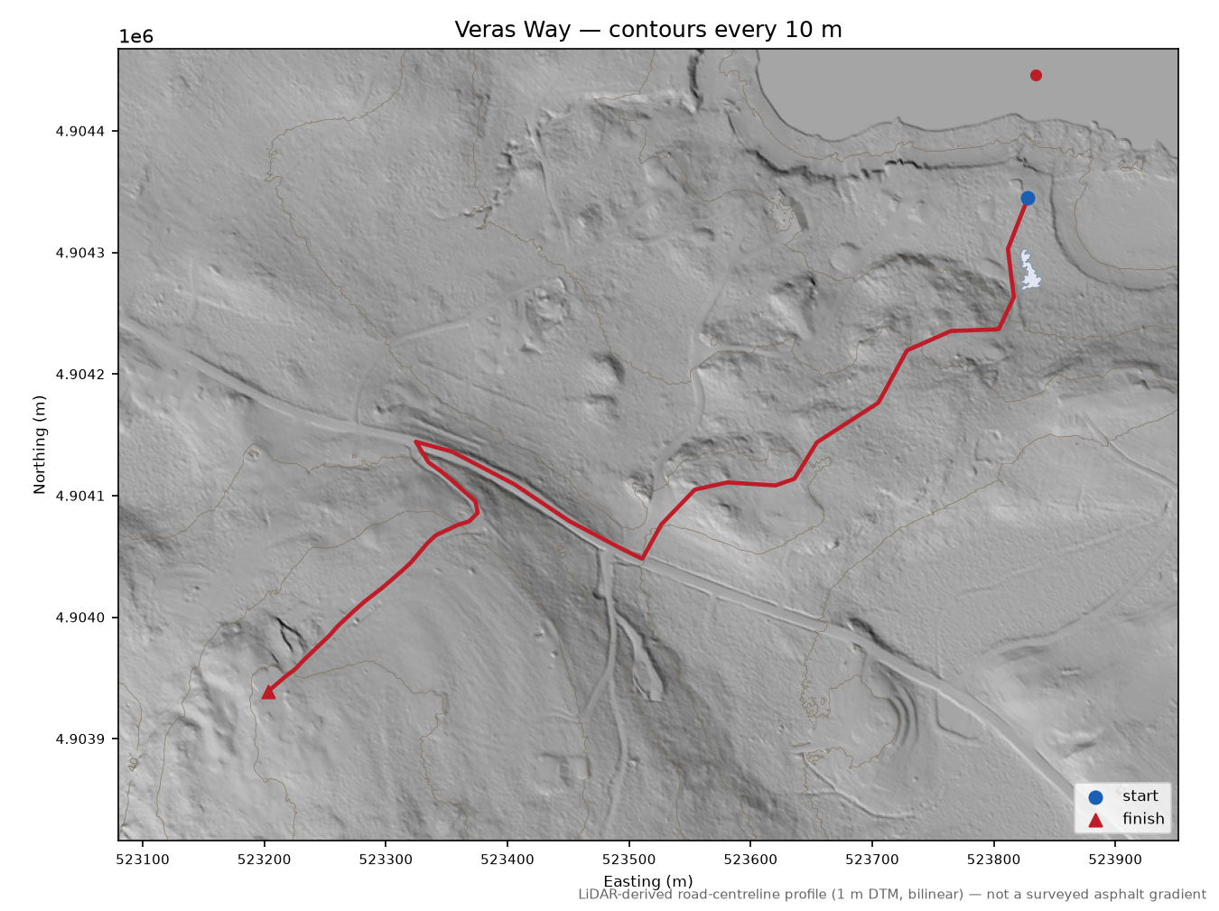 Veras Way LiDAR hillshade map with contours