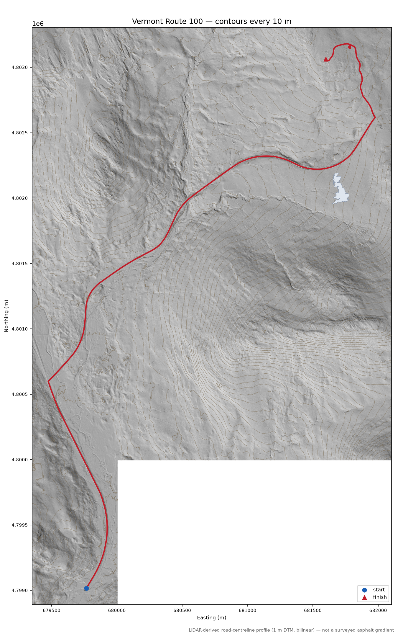 Vermont Route 100 LiDAR hillshade map with contours