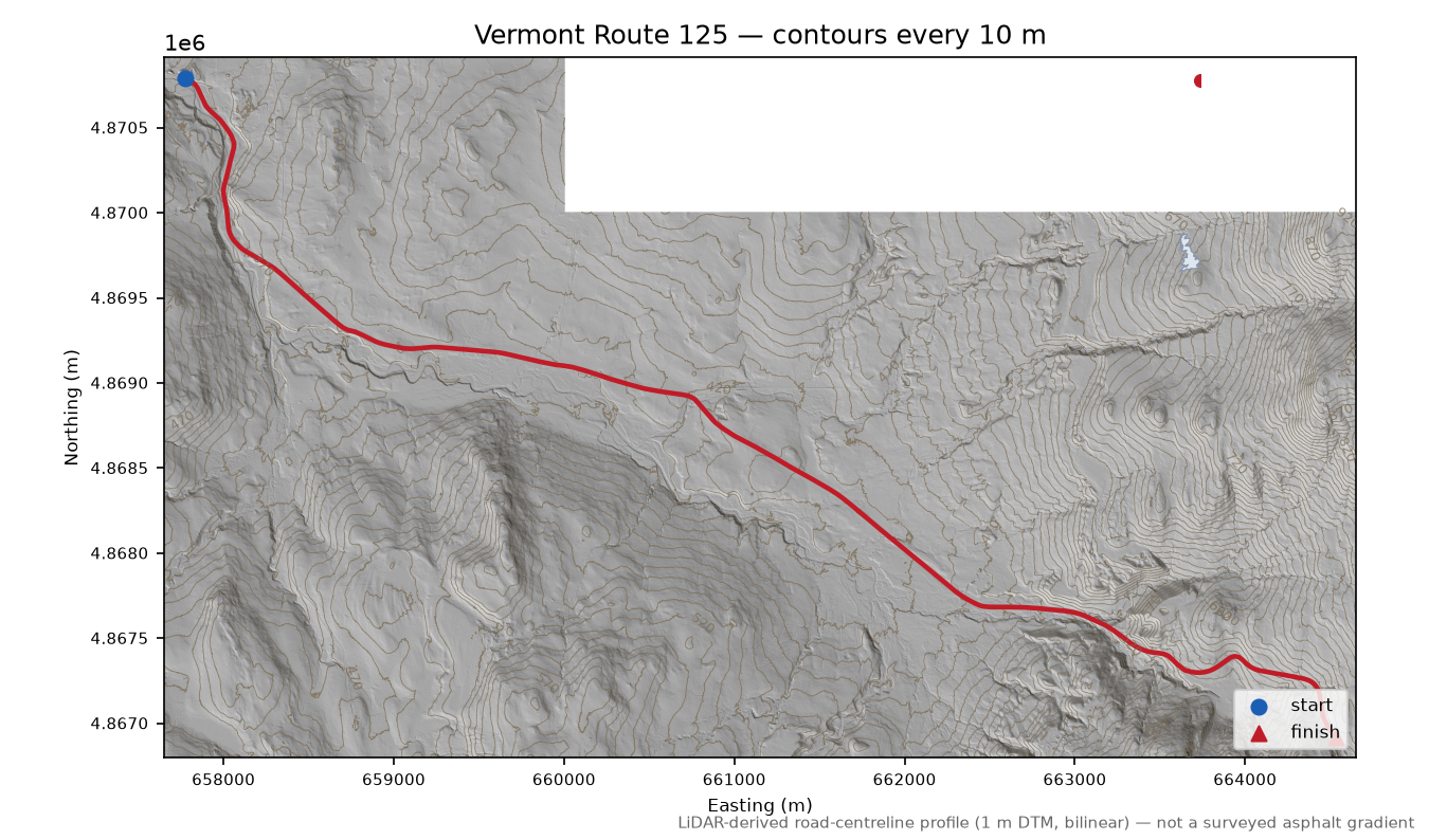 Vermont Route 125 LiDAR hillshade map with contours
