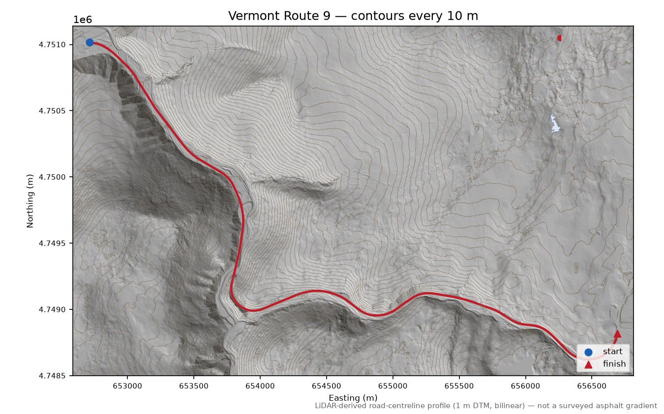 Vermont Route 9 LiDAR hillshade map with contours