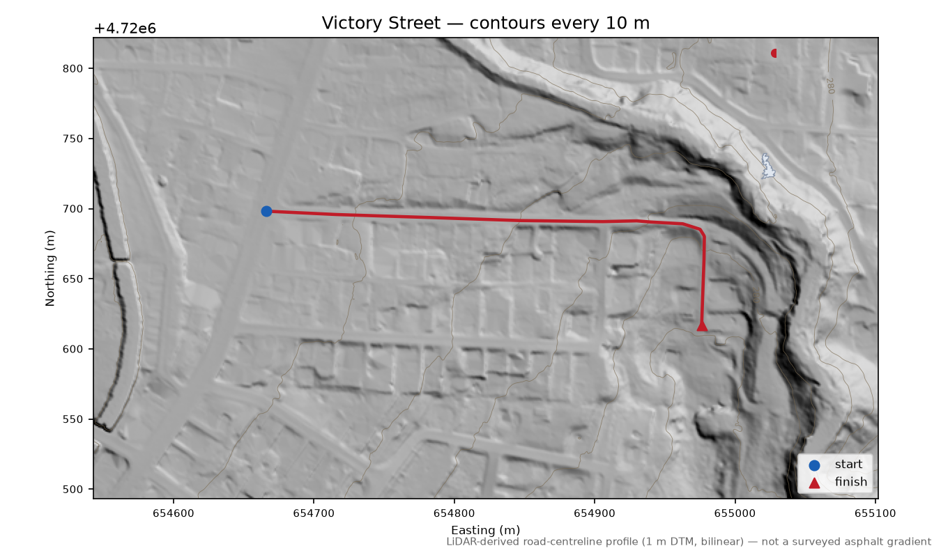 Victory Street LiDAR hillshade map with contours