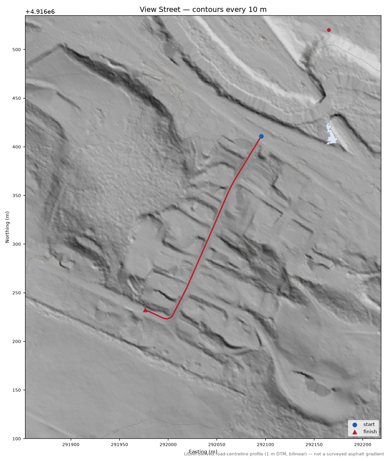 View Street LiDAR hillshade map with contours