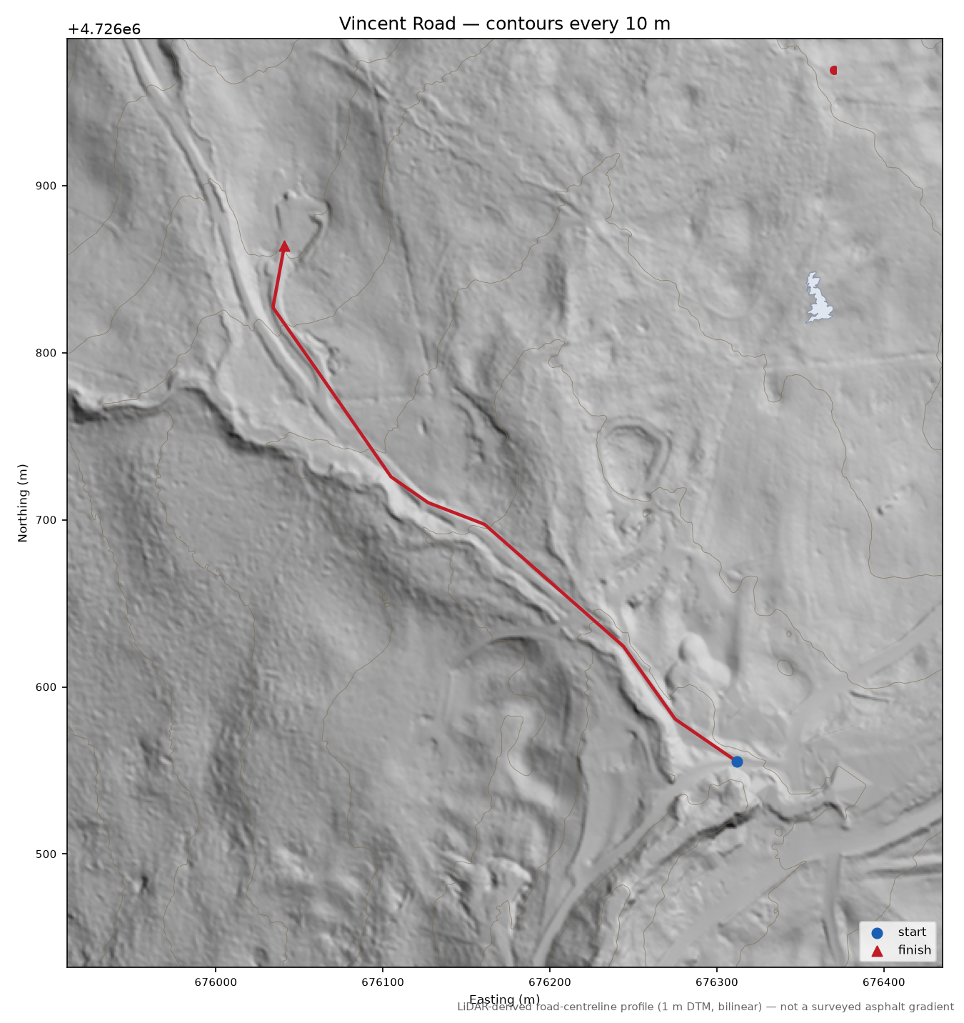 Vincent Road LiDAR hillshade map with contours