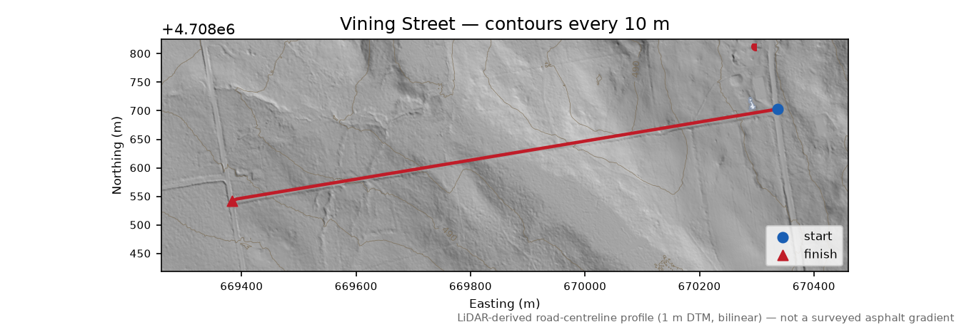 Vining Street LiDAR hillshade map with contours
