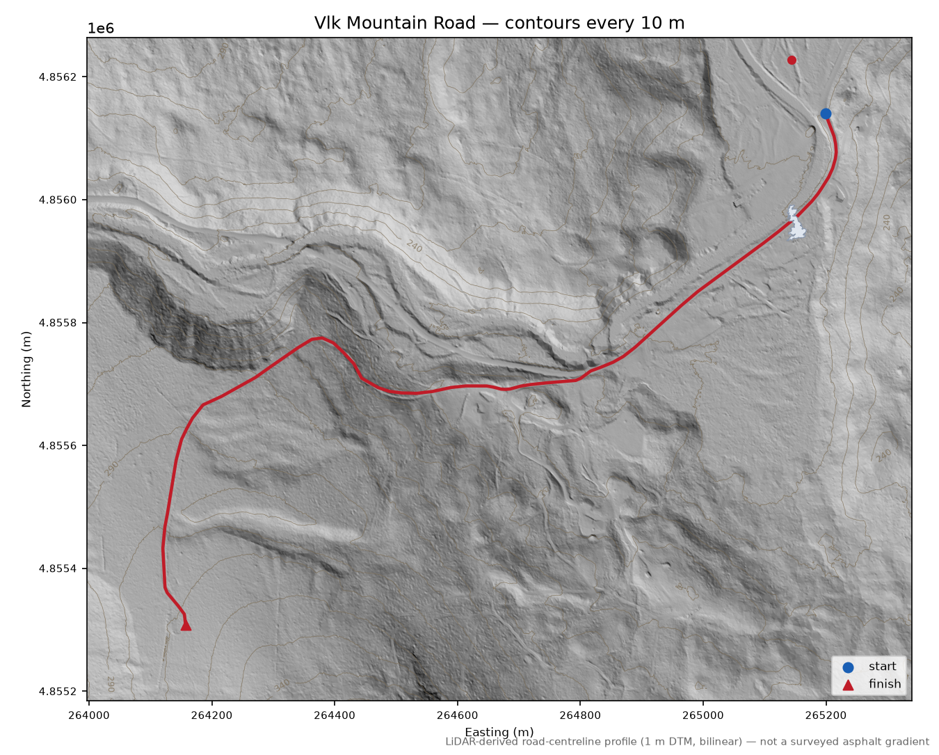 Vlk Mountain Road LiDAR hillshade map with contours