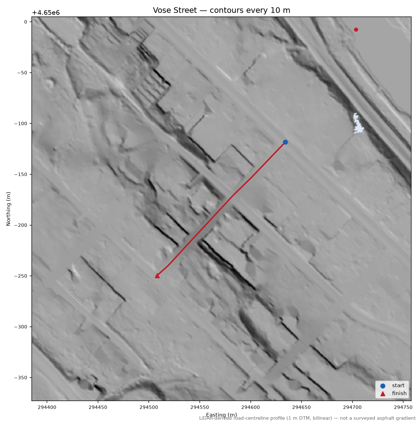 Vose Street LiDAR hillshade map with contours