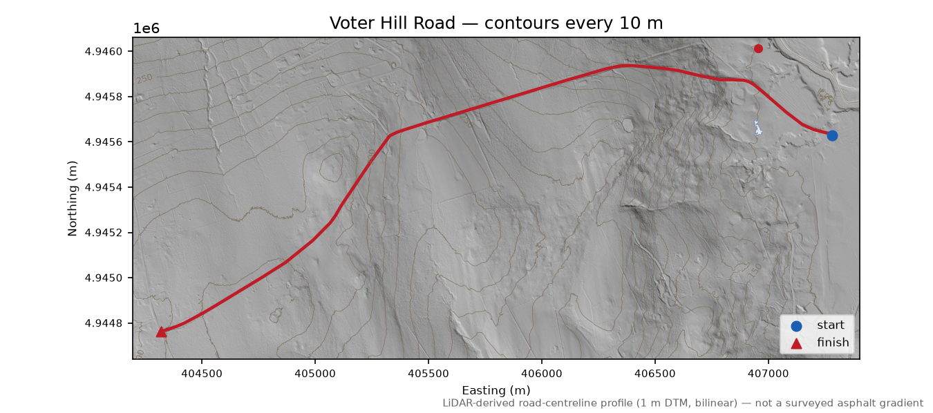 Voter Hill Road LiDAR hillshade map with contours