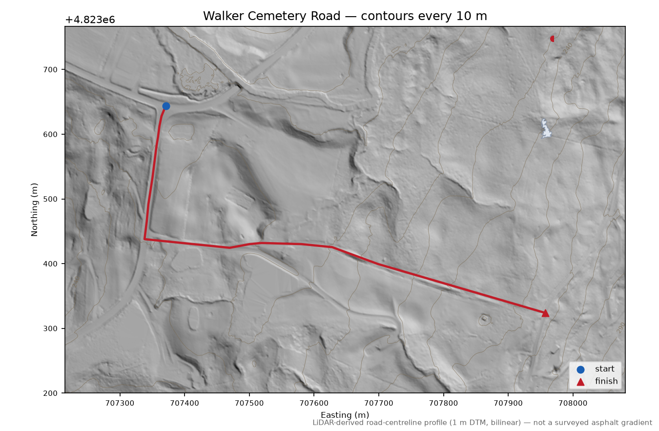 Walker Cemetery Road LiDAR hillshade map with contours