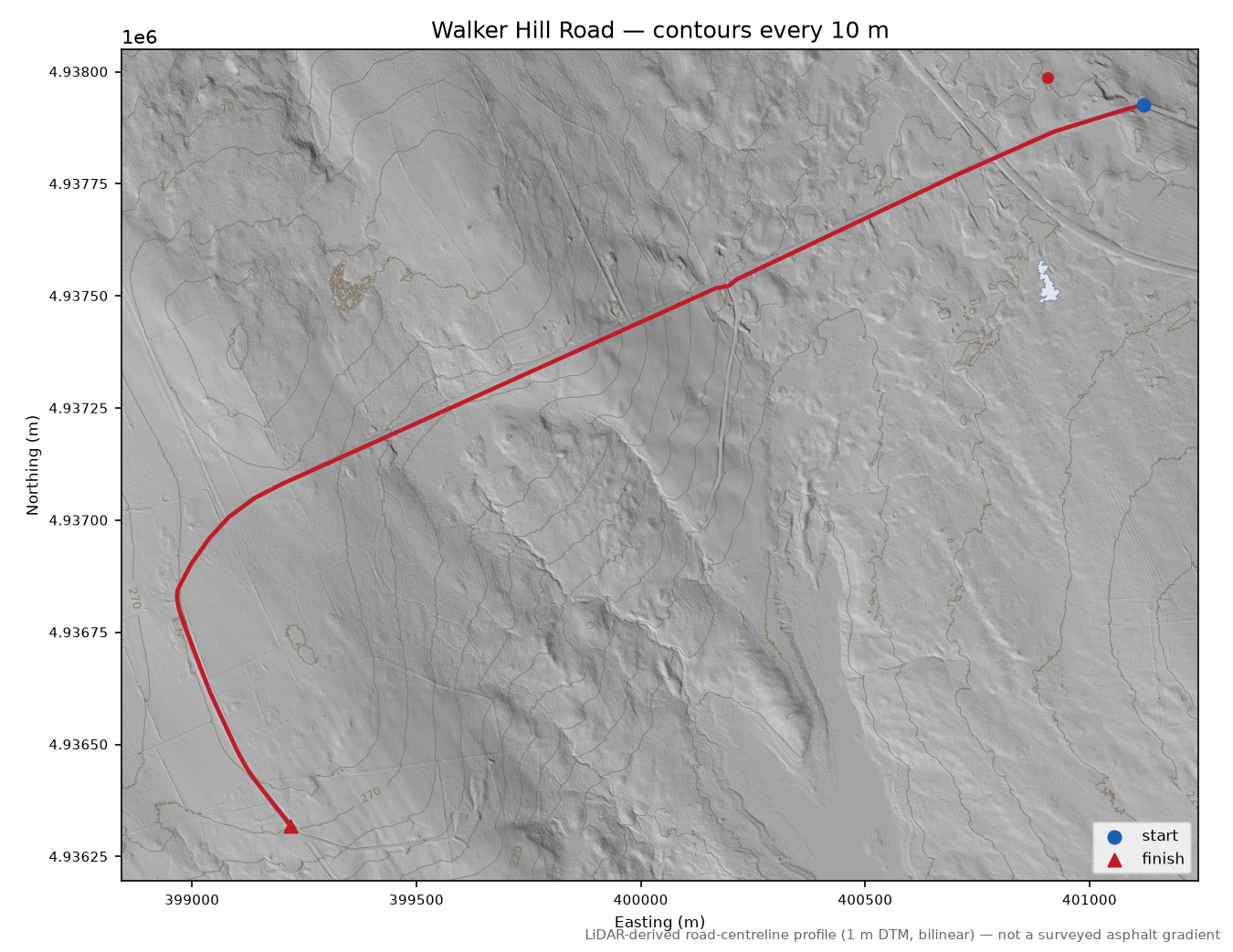 Walker Hill Road LiDAR hillshade map with contours