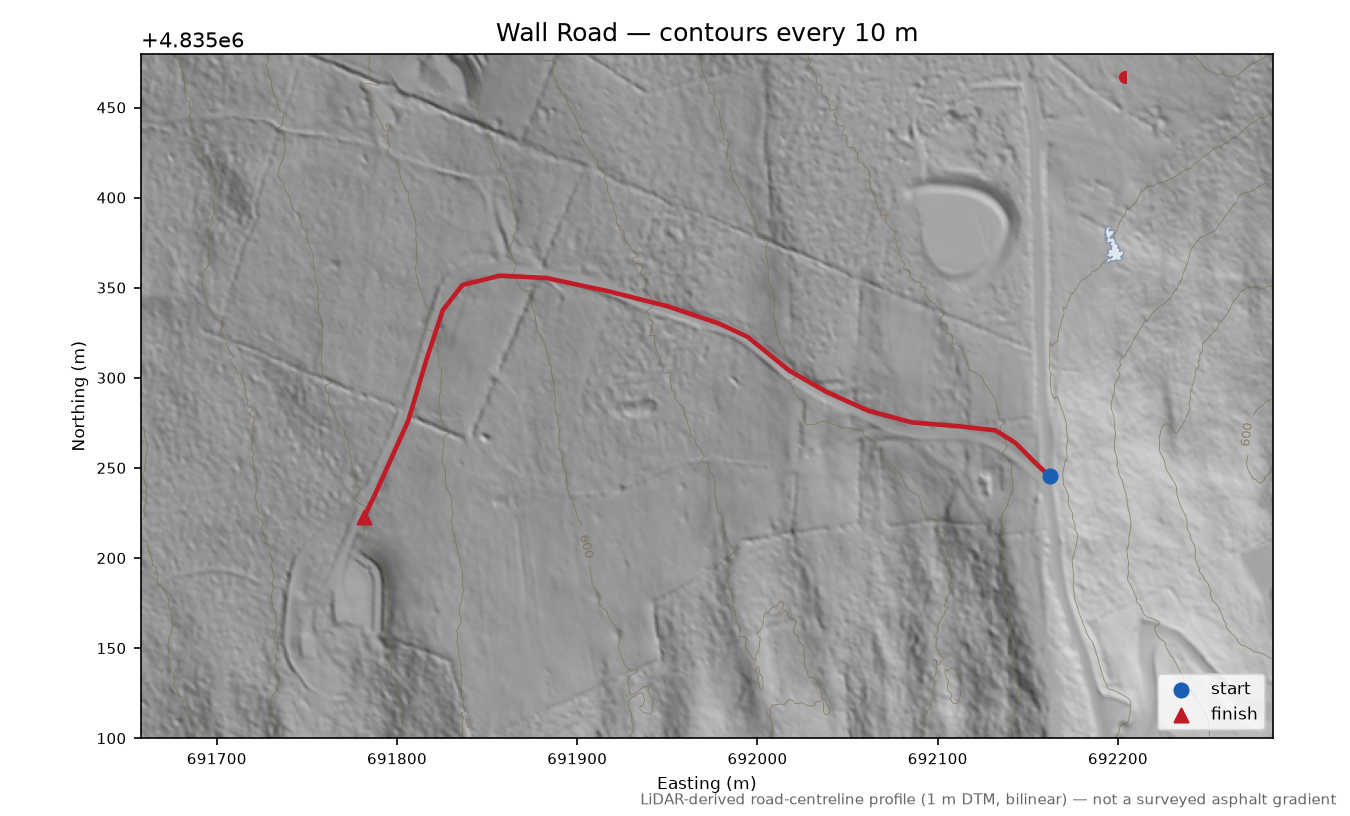 Wall Road LiDAR hillshade map with contours