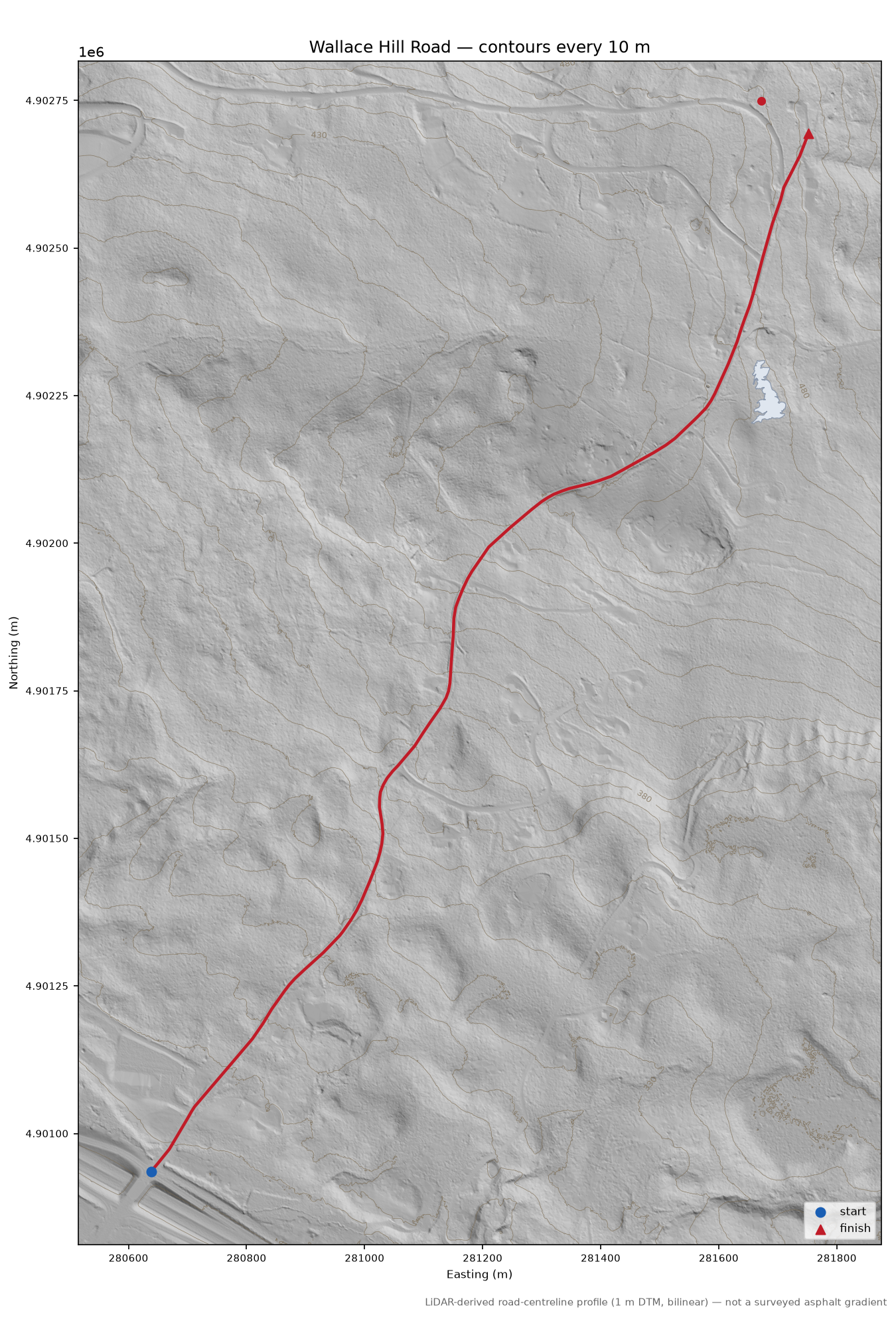 Wallace Hill Road LiDAR hillshade map with contours
