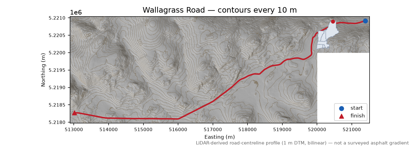 Wallagrass Road LiDAR hillshade map with contours