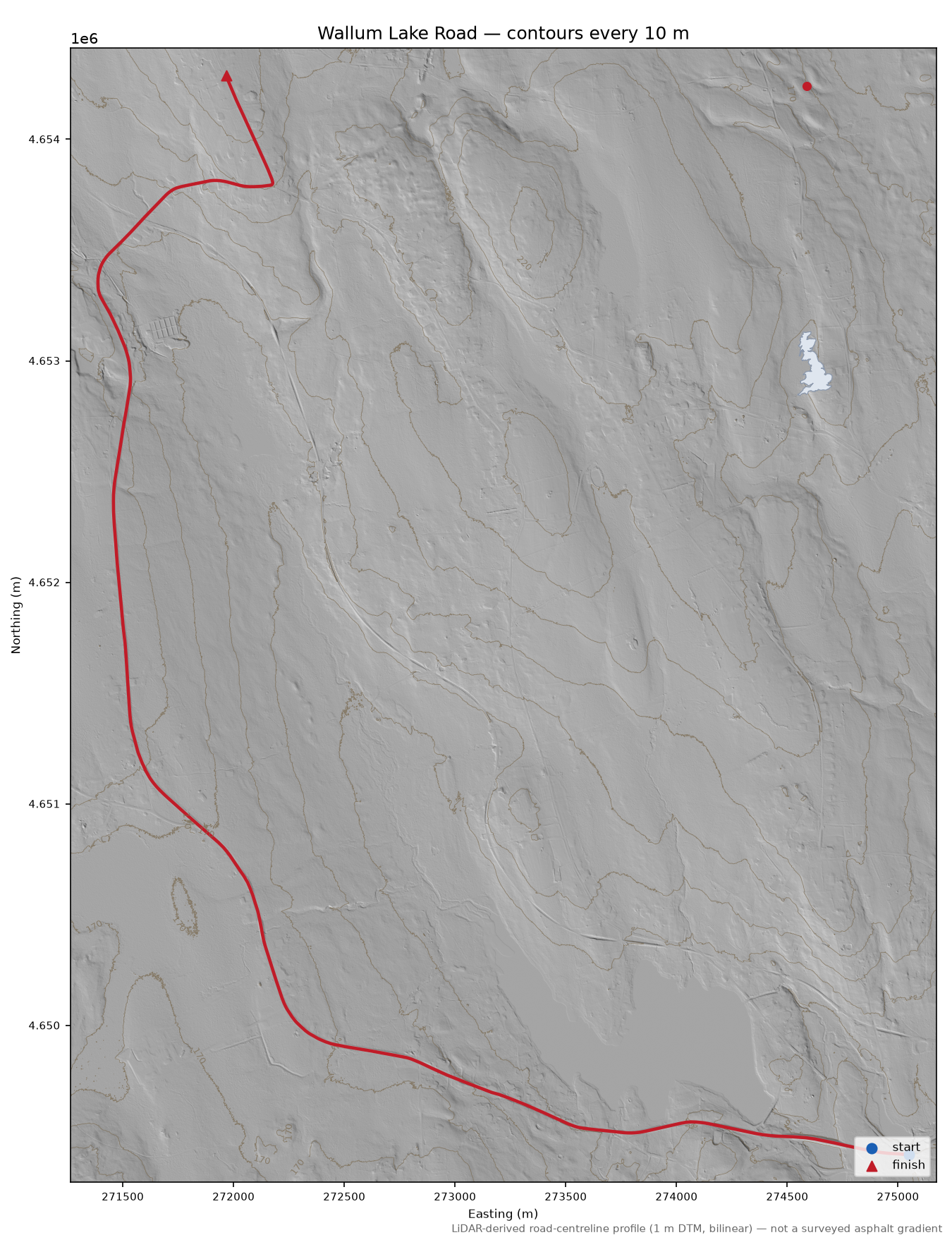 Wallum Lake Road LiDAR hillshade map with contours