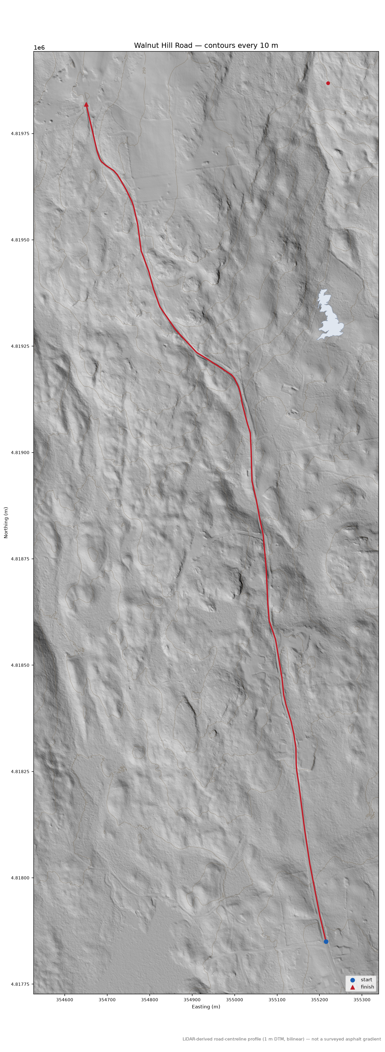 Walnut Hill Road LiDAR hillshade map with contours