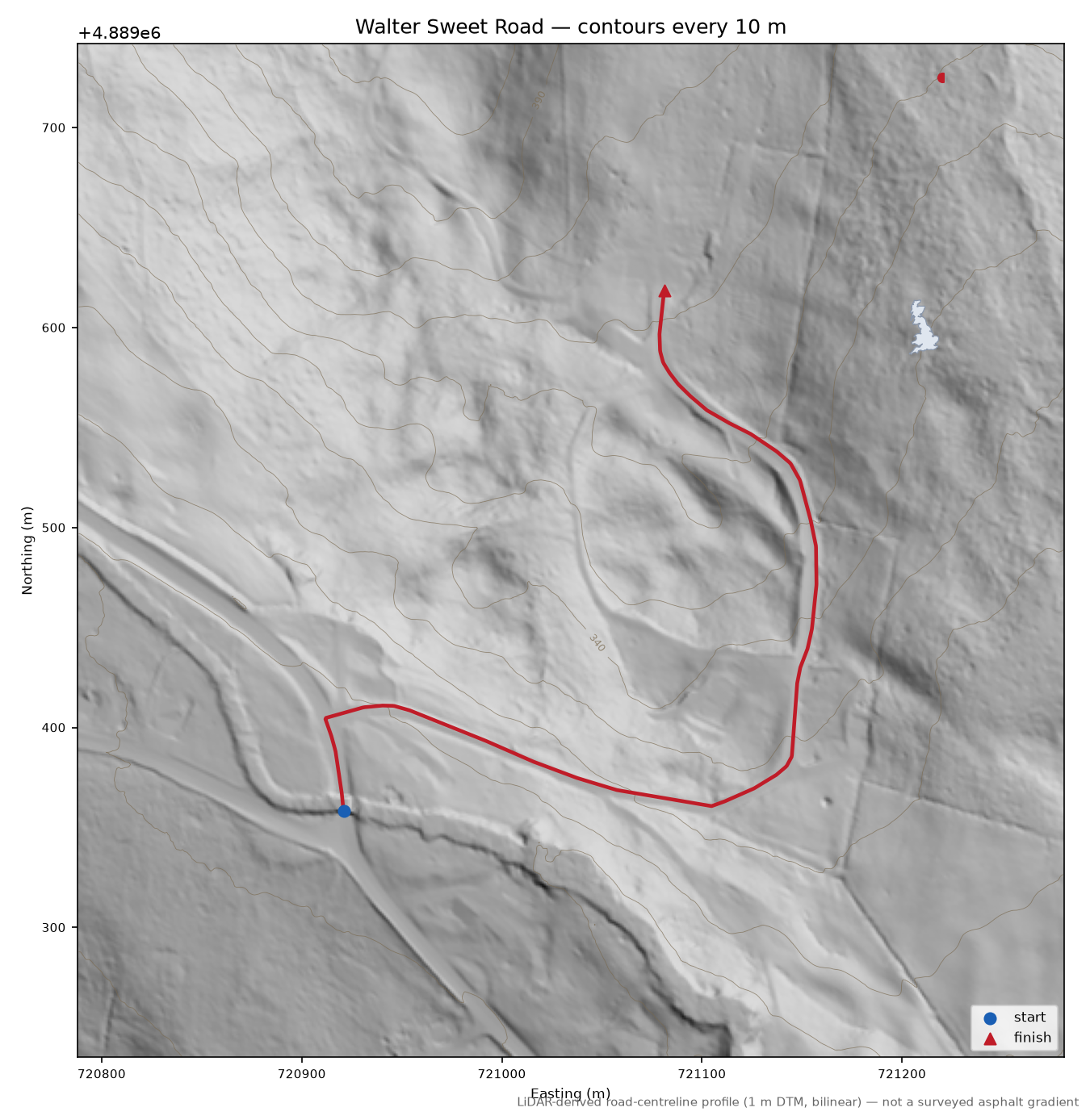 Walter Sweet Road LiDAR hillshade map with contours