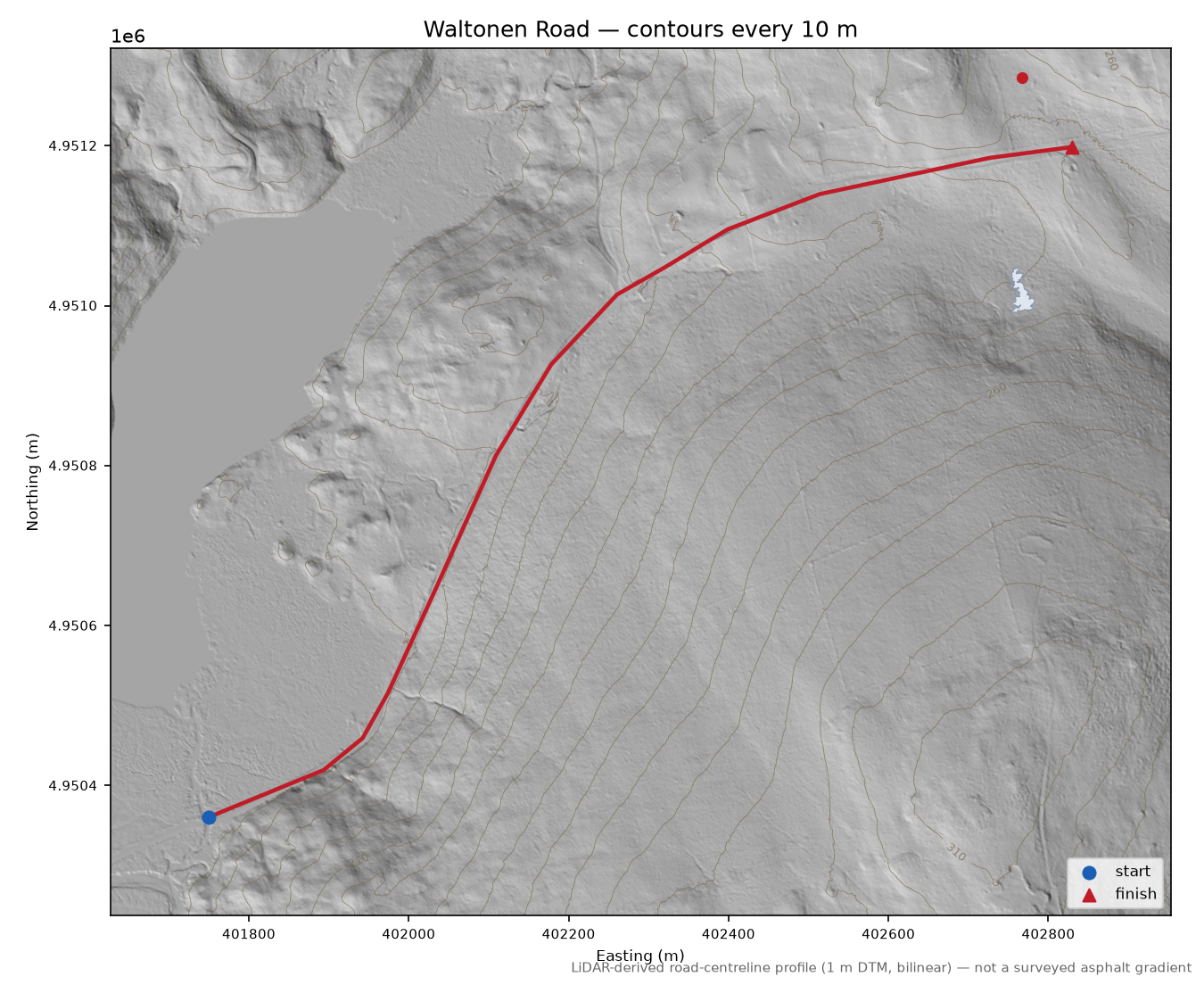 Waltonen Road LiDAR hillshade map with contours
