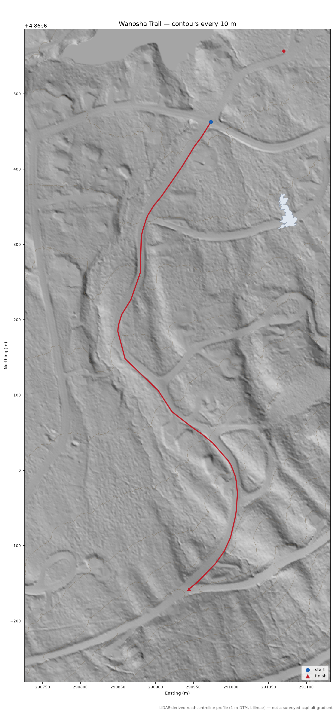 Wanosha Trail LiDAR hillshade map with contours