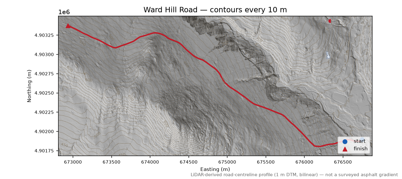 Ward Hill Road LiDAR hillshade map with contours