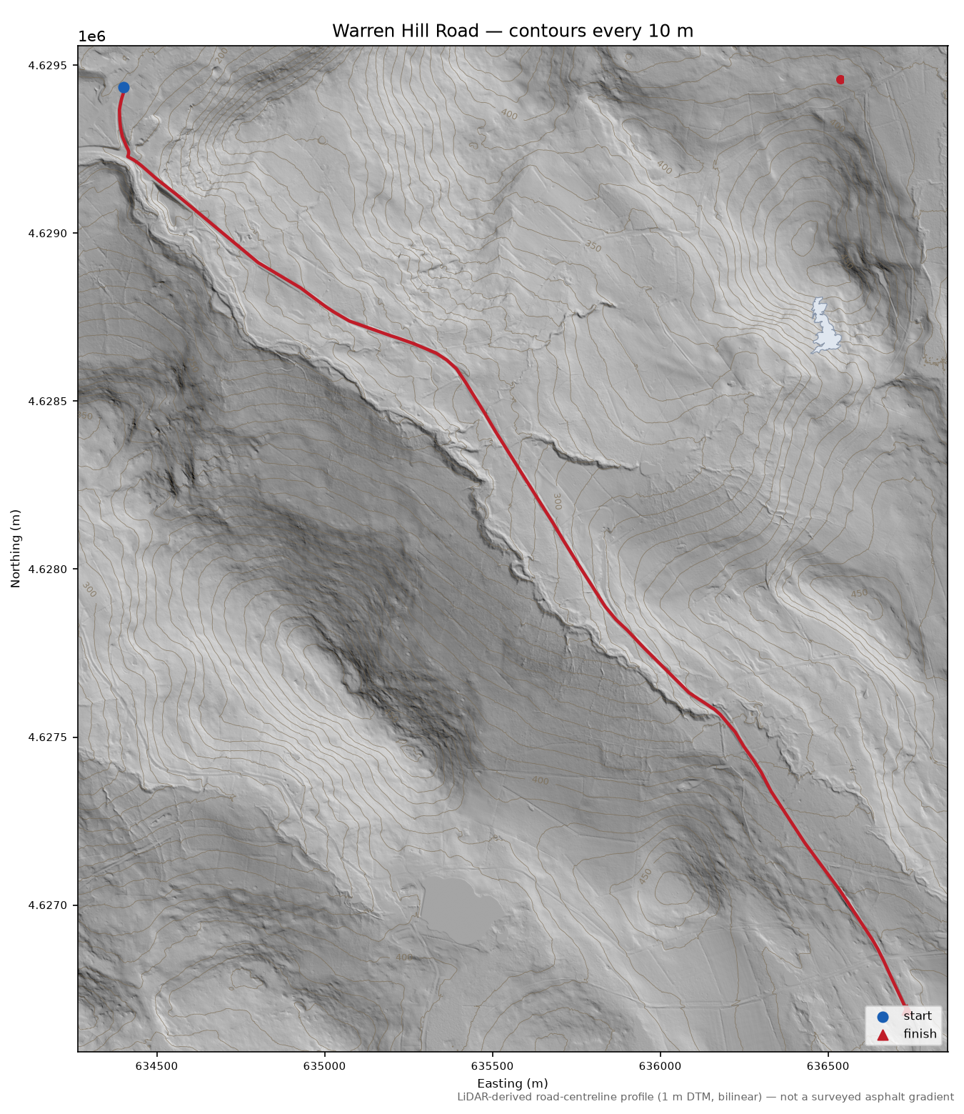 Warren Hill Road LiDAR hillshade map with contours