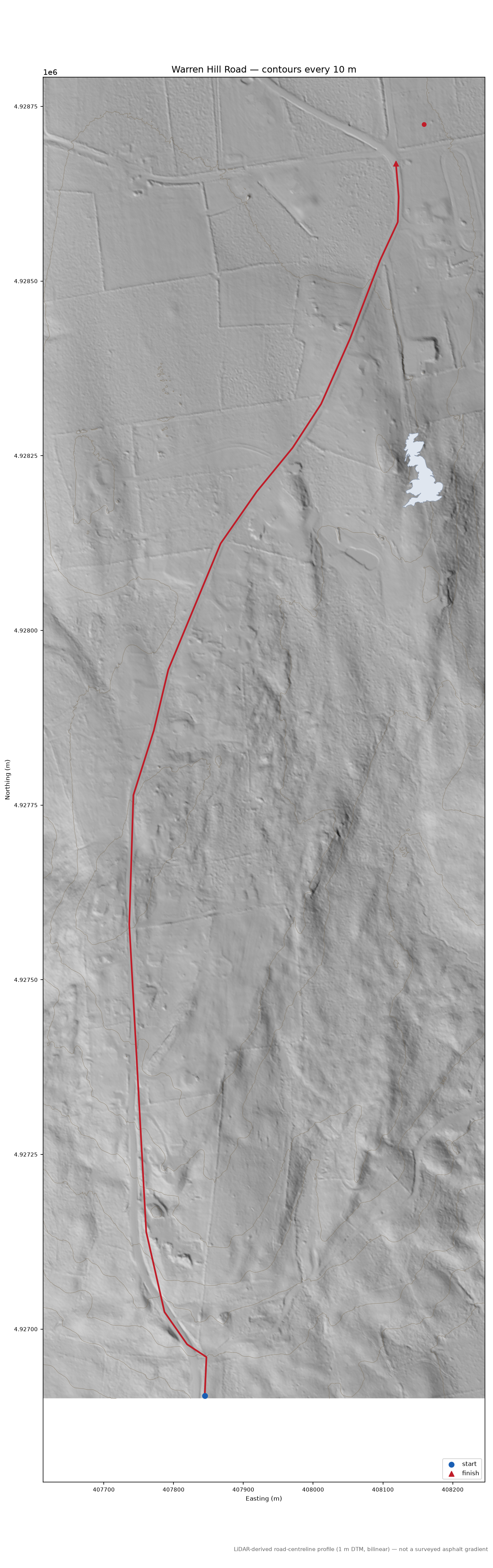 Warren Hill Road LiDAR hillshade map with contours