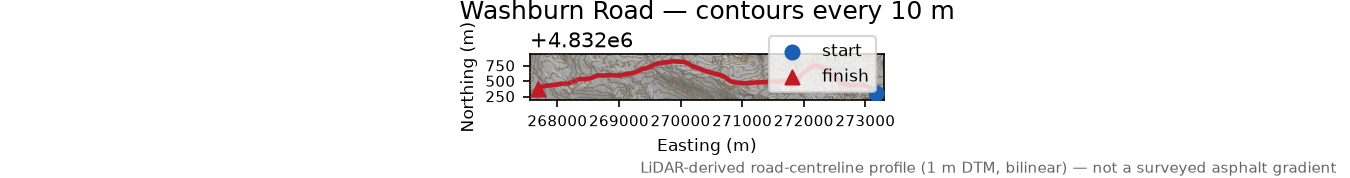 Washburn Road LiDAR hillshade map with contours
