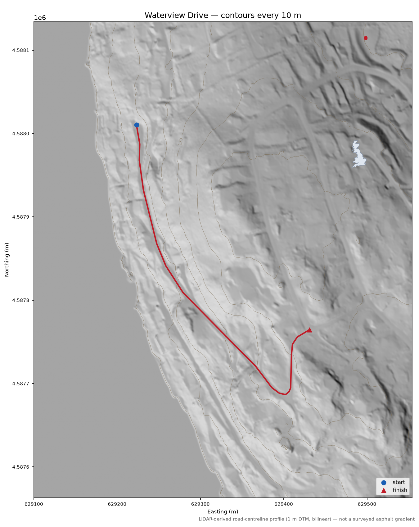 Waterview Drive LiDAR hillshade map with contours